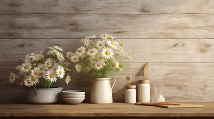 A rustic kitchen with a wooden plank accent wall displaying farmhouse artwork and a bouquet of daisies on the counter.
