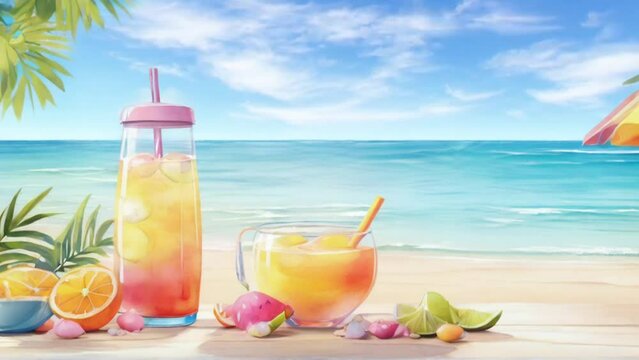 enjoying orange juice on the beach anime or cartoon watercolor painting style. seamless and looping animation