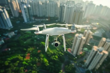 A quadcopter drone with camera flying over a dense urban landscape at sunrise.