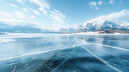 Beautiful winter landscape with frozen lake, mountains and blue sky.