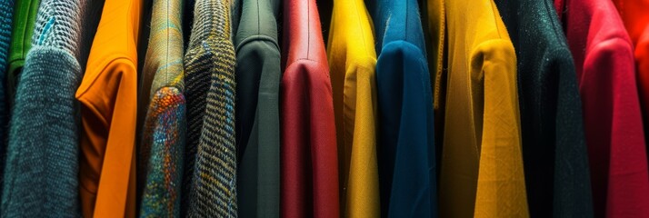 A selection of colorful knitwear hanging in a row on a clothes rack.
