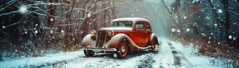 Poster Classic red car driving through a snowy forest path in winter. © GreenMOM