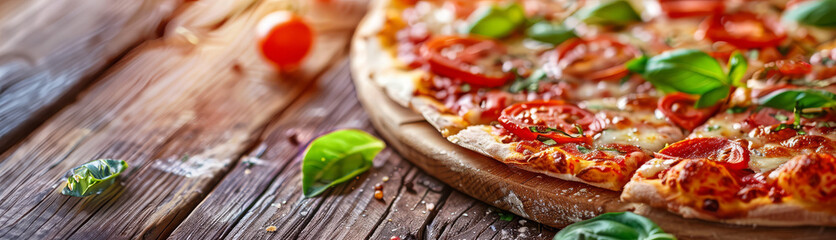 Delicious gourmet pizza with fresh toppings on a rustic wooden board. - obrazy, fototapety, plakaty