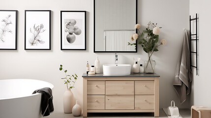 A Scandinavian bathroom with minimalist black and white prints on the light gray wall and a bouquet...