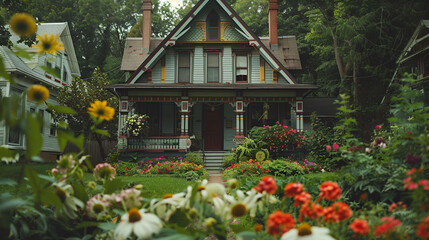 Fototapeta na wymiar A beautiful village house with its garden , victorian house surrounded by lush greenery and flowers in garden,old martha vineyard gingerbread houses historical district