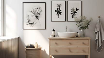 A Scandinavian bathroom with minimalist black and white prints on the light gray wall and a bouquet of eucalyptus on the vanity.