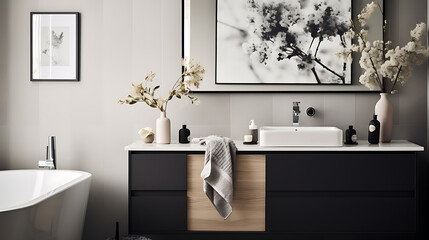 A Scandinavian bathroom with minimalist black and white prints on the light gray wall and a bouquet of eucalyptus on the vanity.