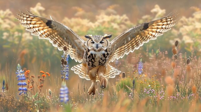 Majestic Owl Soaring Through a Field of Vibrant Wildflowers