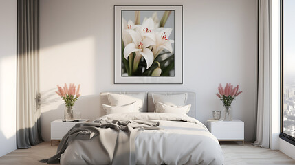 A Scandinavian bedroom with a black and white cityscape on the white wall and a bouquet of white lilies on the nightstand.