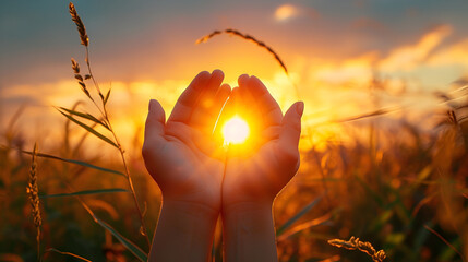 Person praying god sunset. Generate Ai - obrazy, fototapety, plakaty