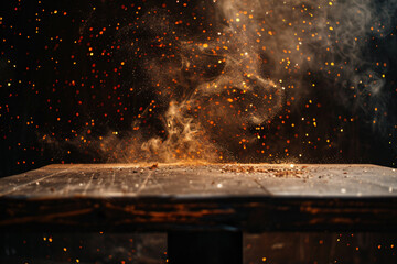 Background of Wooden Table with Fire Embers, Smoke, and Sparks