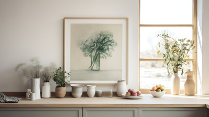 A Scandinavian kitchen with minimalist artwork on the white wall and a bouquet of fresh herbs on the windowsill. - obrazy, fototapety, plakaty