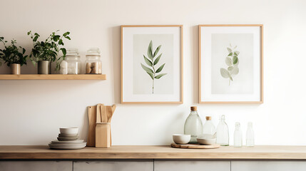 Fototapeta na wymiar A Scandinavian kitchen with minimalist watercolor prints on the white wall and a bouquet of fresh herbs in a sleek vase.