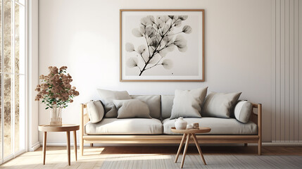 A Scandinavian living room with a nature-inspired print on the white wall and a simple eucalyptus bouquet. - obrazy, fototapety, plakaty