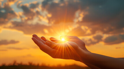 Person praying god sunset. Generate Ai - obrazy, fototapety, plakaty