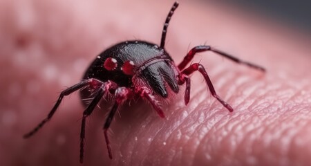 Fototapeta premium Close-up of a black spider with red markings on a pink background
