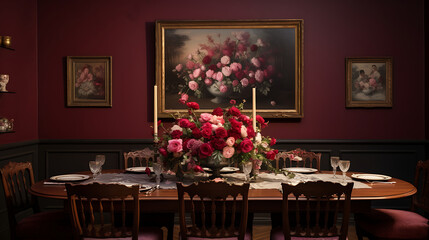 Fototapeta na wymiar A traditional dining room with a family portrait on the maroon wall and a bouquet of peonies on the table.