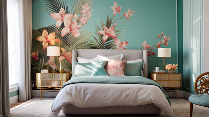 A tropical-themed bedroom with a palm tree mural on the teal wall and a bouquet of orchids on the dresser.