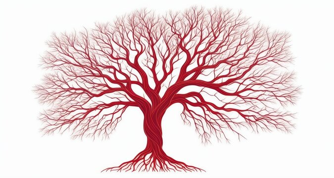  Vibrant tree with deep red branches and roots, symbolizing strength and growth