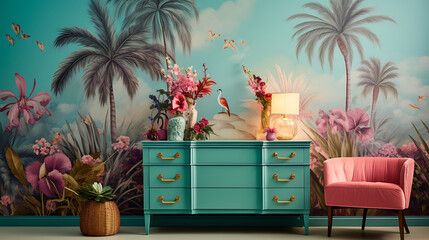 A tropical paradise bedroom with a palm tree mural on the teal wall and a bouquet of vibrant...