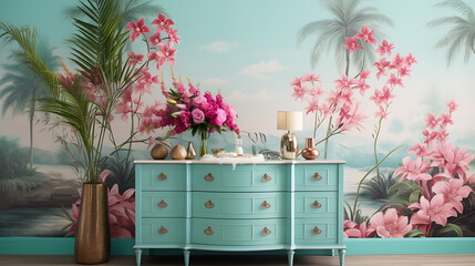 A tropical paradise bedroom with a palm tree mural on the teal accent wall and a bouquet of vibrant...