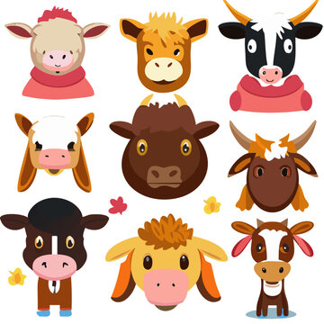 Vector Illustrations of Cute Farm Animals heads: Cow, Pig, Horse, Sheep, Goat, Llama, Chicken, Dog, Cat, Stock, Image, farm animal vector cut outs, variety of farm animals ai illustration of animal