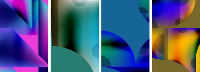 Set of colorful geometric posters - round shapes and circles with fluid color gradients. Abstract backgrounds for wallpaper, business card, cover, poster, banner, brochure, header, website