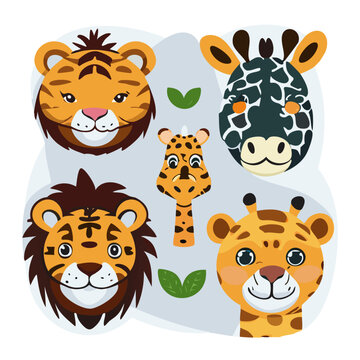Vector Illustrations of Cute Wild Safari Jungle Animals: Tiger, Crocodile, Alligator, Elephant, Giraffe, Monkey, Zebra, Lion, Hippo, adorable cartoon wildlife animals head icons, safari animal faces