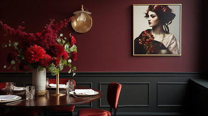 A vintage-inspired dining room with a classic portrait on the burgundy wall and a bouquet of wildflowers on the table.