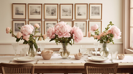 A vintage-inspired dining room with framed postcards on the cream wall and a bouquet of peonies on the antique table.