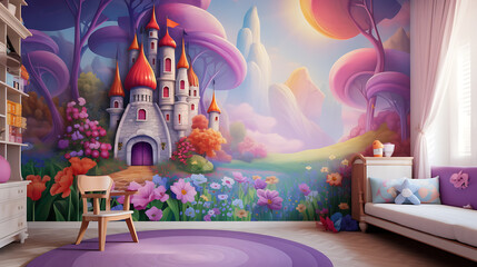 A whimsical playroom with a mural of a magical kingdom on the lavender wall and a bouquet of...