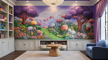 A whimsical playroom with a mural of a enchanted forest on the lavender wall and a bouquet of rainbow-colored blooms.