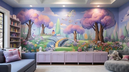 Foto op Plexiglas A whimsical playroom with a mural of a enchanted forest on the lavender wall and a bouquet of rainbow-colored blooms. © Muhammad