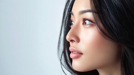 Close shot of an Asian silky black hair woman posing against a studio white backdrop a side view, Generative AI.