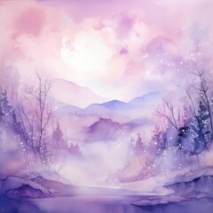 Snowy violet winter landscape with trees