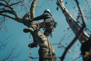 A man climbing up a large tree in the sky, in the style of darktable processing, light aquamarine and brown, precision in details, exacting precision, eco-friendly craftsmanship, suburban