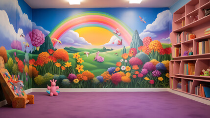 A whimsical playroom with a mural of a fantasy world on the lavender wall and a bouquet of...
