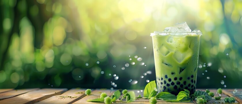 Crystals of icy in a cup of green matcha bubble tea over a wooden table over the setting of the woods and space, Generative AI.