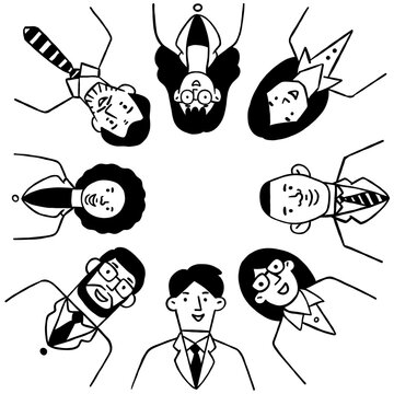 Business people teamwork in circle, low angle view. Cute character illustration doodle style, diversity; multiethnic. Outline, thin line art, hand drawn sketch designe. 
