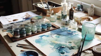 An art project table, with unfinished art, pastel colours on the table DIY concept - obrazy, fototapety, plakaty