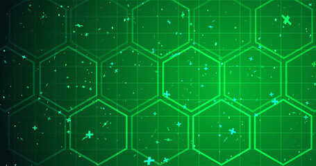 Fototapeta premium Medical healthcare science and technology background with plus sign and abstract molecules. Futuristic biotechnology chemistry ring structure pharmaceutical cell evolution bg. Bio gene helix bg.