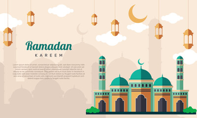 Islamic ramadan kareem banner background design template with mosque flat illustration. - Vector.