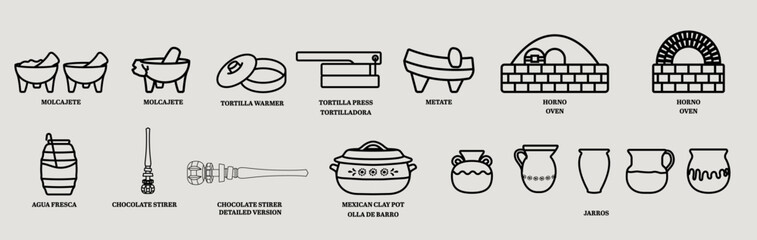 Set of traditional Mexican kitchen icons-outlined