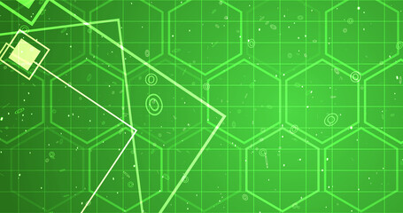 Hexagon network with square geometry shapes moving. Innovation science tech loop. Blinking polygons mesh futuristic chemistry molecules atom movement. Global cyber worldwide connections concept bg.