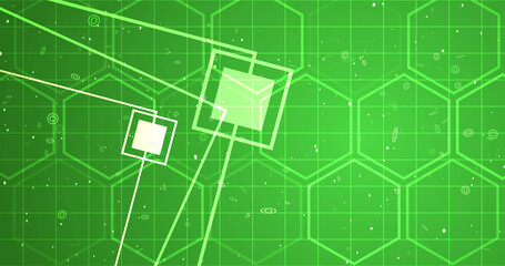 Hexagon network with square geometry shapes moving. Innovation science tech loop. Blinking polygons mesh futuristic chemistry molecules atom movement. Global cyber worldwide connections concept bg.