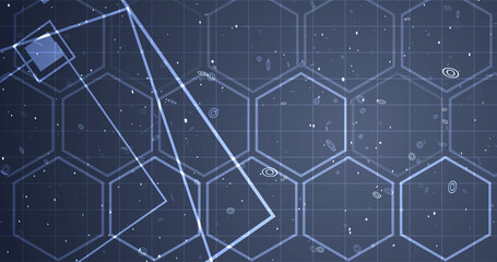 Hexagon network with square geometry shapes moving. Innovation science tech loop. Blinking polygons mesh futuristic chemistry molecules atom movement. Global cyber worldwide connections concept bg.