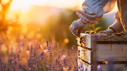 Honey getting extracted from the honey bee by a beekeeper in a lavender farm and space, Generative AI. - obrazy, fototapety, plakaty