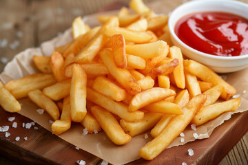 Close-up photo of french fries and ketchup - obrazy, fototapety, plakaty