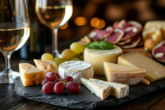 Cheese plate with grapes, charcuterie and wine, close-up