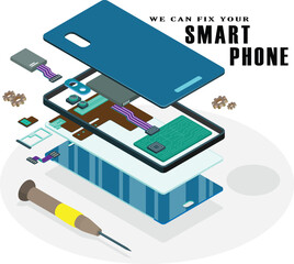 Repair, maintenance phone banner, flyers, advertisement. Disassembled components, processor of cellphone inside case. Mobile phone electronic diagramed layer. 